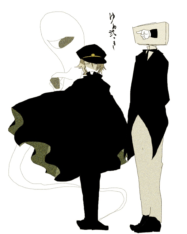 1girl, 2boys, bartender_(yume_2kki), blonde_hair, cloak, closed_eyes, crossdressinging, full_body, gakuran, hayas_(duster), kanban_otoko, multiple_boys, school_uniform, short_hair, simple_background, standing, urotsuki, yume_2kki