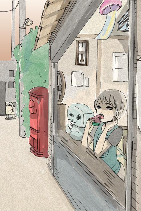 1boy, bartender_(yume_2kki), blonde_hair, bored, creature, eating, food, fruit, genderswap, male, popsicle, t-shirt, telephone_pole, urotsuki, watermelon, window, yume_2kki
