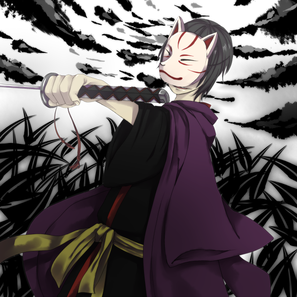 1boy, akkirarara, fox_mask, japanese_clothes, katana, kimono, male, mask