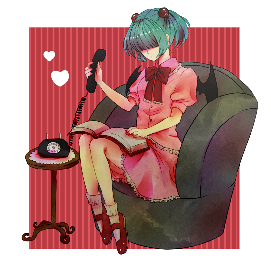1girl, akkirarara, bangs, bat_wings, blue_hair, blunt_bangs, book, corded_phone