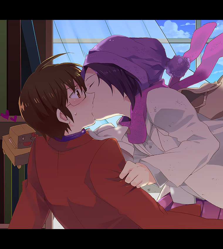 1boy, 1girl, assertive, blush, brown_eyes, brown_hair, closed_eyes, clothes_grab
