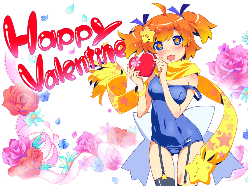 1girl, bangle, blue_eyes, blush, bow, bracelet, chocolate, chocolate_heart, cowboy_shot, fang, floral_background, flower, garter_straps, hair_ornament, happy_valentine, heart, highres, holding, holding_gift, jewelry, large_bow, looking_at_viewer, orange_hair, petals, pink_rose, plim, red_rose, rose, rose_petals, scarf, school_swimsuit, short_twintails, solo, star, star-shaped_pupils, star_hair_ornament, strap_slip, swimsuit, symbol-shaped_pupils, thighhighs, twinkle_soft, twintails, valentine, wallpaper, watanabe_akio