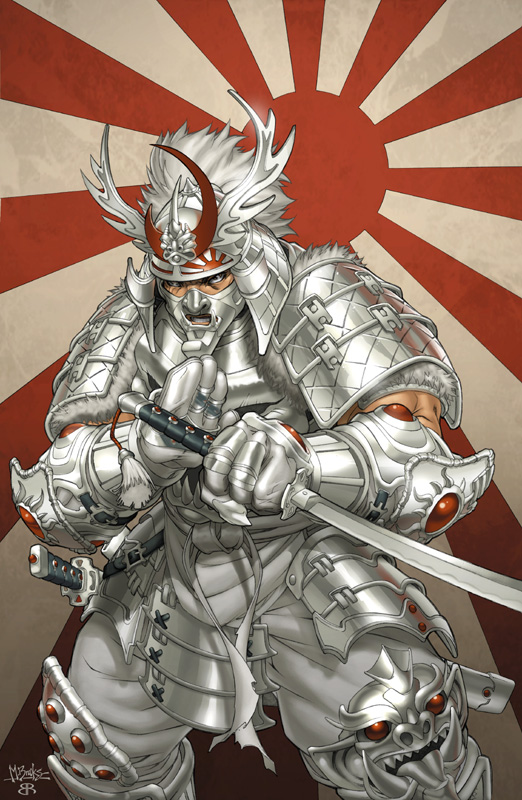 armor, brown_eyes, diablo2003, fangs, full_armor, gauntlets, greaves, helm, helmet, japanese_flag, kabuto, katana, kusazuri, male, mark_brooks, mask, open_mouth, red_eyes, rising_sun, samurai, samurai_armor, shikoro, sode, solo, sword, tongue, weapon