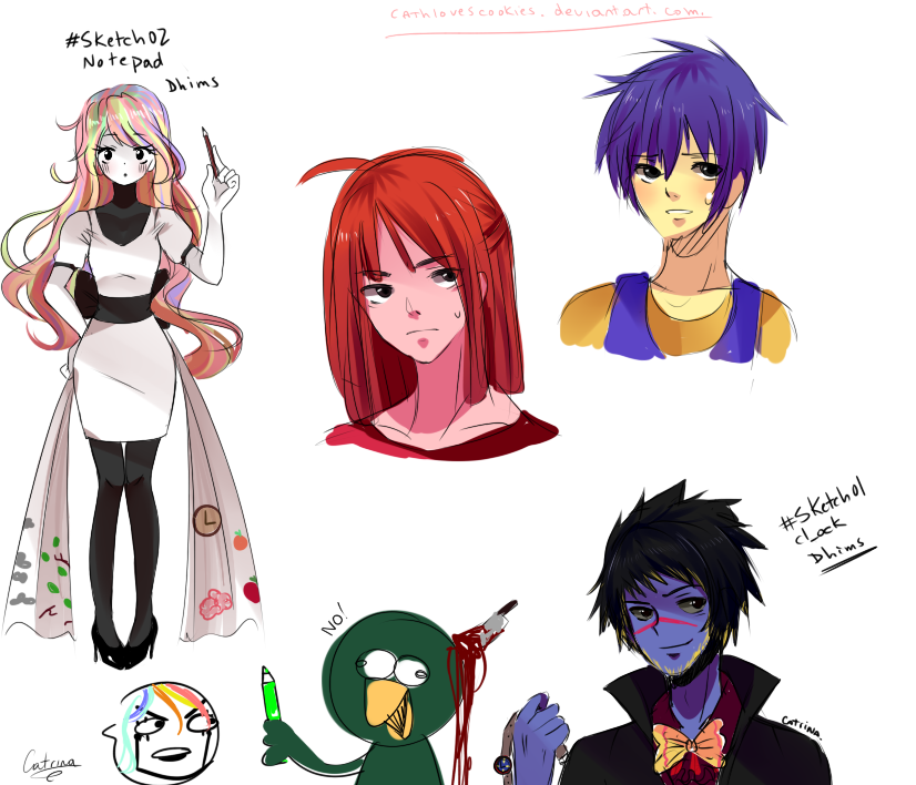 1girl, 3boys, ahoge, artist_name, bangs, black_eyes, black_hair, blood, blue_hair, bowtie, cape, cathlovescookies, collarbone, curly_hair, don't_hug_me_i'm_scared, english, facial_hair, harry_(dhmis), high_heels, holding, knife, long_hair, manny_(dhmis), messy_hair, miniskirt, multicolored_hair, multiple_boys, notepad_(dhmis), pantyhose, pencil, personification, redhead, robin_(dhmis), short_hair, simple_background, skirt, speech_bubble, sweat, tony_the_talking_clock, watch, watermark, white_background