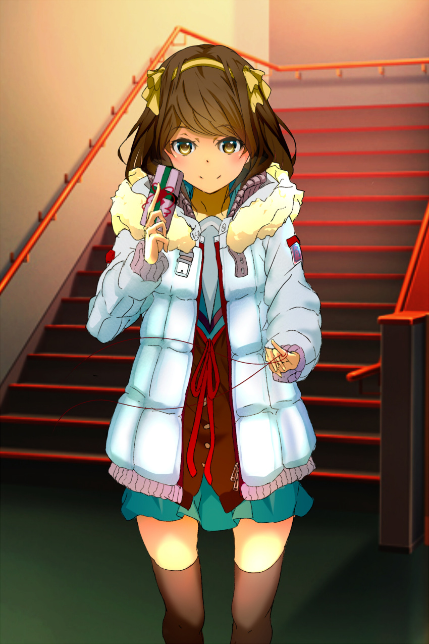 1girl, box, brown_eyes, brown_hair, cardigan, coat, furisode_(pixilvina), highres