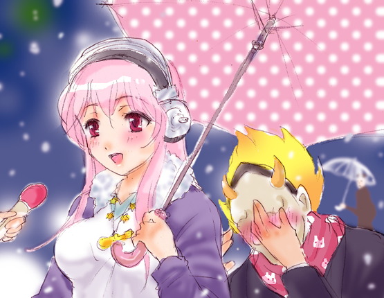 1boy, 1girl, blush, breasts, headphones, interview, kitamura, large_breasts
