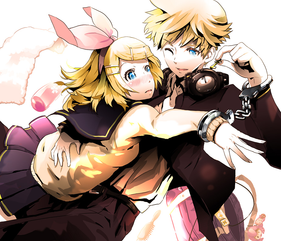 blue_eyes, blush, brother_and_sister, cameo, cuffs, foreshortening, hair_ornament, hair_ribbon