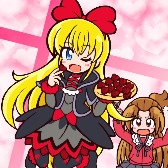 2girls, ;o, angry, arms_up, bat_print, black_legwear, blonde_hair, blouse, blue_eyes, bow, brown_eyes, brown_hair, chocolate, chocolate_heart, dokidoki!_precure, grey_skirt, guardias, hair_bow, half_updo, heart, heart_background, long_hair, madoka_aguri, multiple_girls, pantyhose, pink_background, plate, precure, regina_(dokidoki!_precure), skirt, valentine, whisk, wink