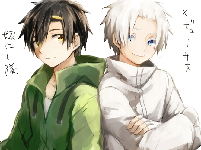 2boys, akizuki_buranko, artist_request, back-to-back, bangs_pinned_back, black_hair, blue_eyes, bust