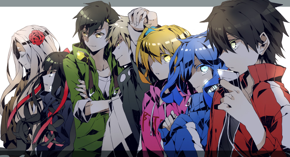 3boys, 4girls, azami_(kagerou_project), black_hair, blonde_hair, blue_eyes, blue_hair, cellphone
