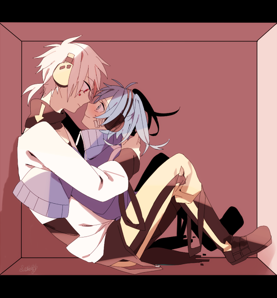 1boy, 1girl, blue_eyes, blue_hair, blush, box, ene_(kagerou_project), eye_contact, face-to-face, headphones, hug, kagerou_project, konoha_(kagerou_project), long_hair, looking_at_another, red_eyes, short_ponytail, tsuki_miyabi, twintails