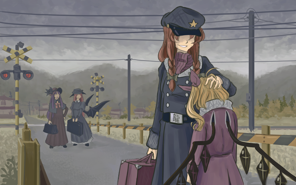 4girls, alternate_costume, bag, bow, flandre_scarlet, hair_bow, hand_on_head, hong_meiling, koakuma, multiple_girls, no_hat, patchouli_knowledge, power_lines, smile, star, touhou, u-joe