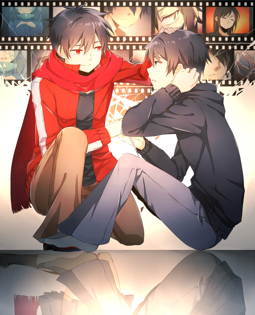 2boys, 2girls, black_eyes, black_hair, closed_eyes, dual_persona, ene_(kagerou_project), film_strip