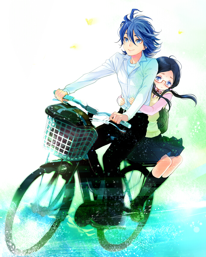 1boy, 1girl, bicycle, black_hair, blue_eyes, blue_hair, glasses, isi88