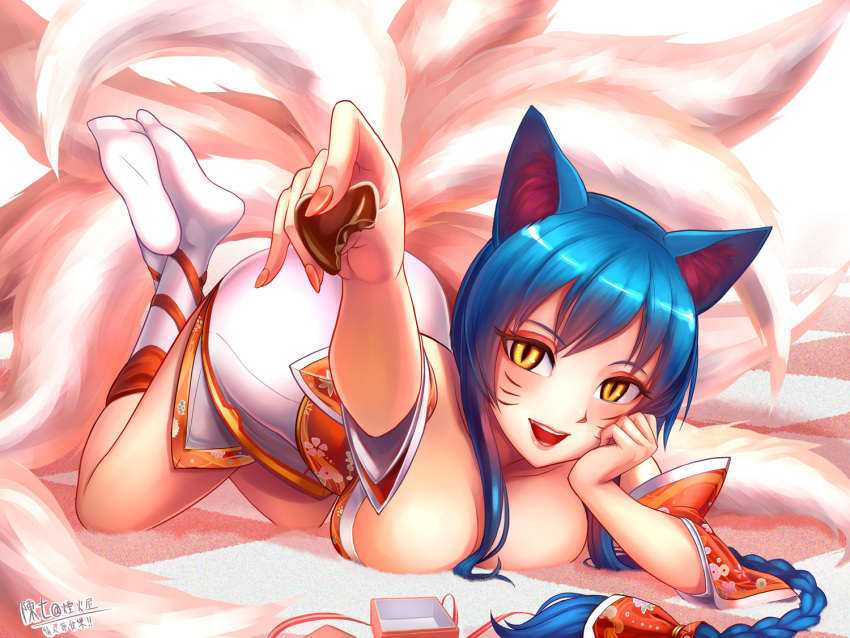 1girl, ahri, animal_ears, arm_support, breast_press, breasts, chanseven, chocolate, facial_mark, fox_ears, fox_tail, korean_clothes, large_breasts, league_of_legends, looking_at_viewer, multiple_tails, smile, solo, tail, white_legwear, yellow_eyes