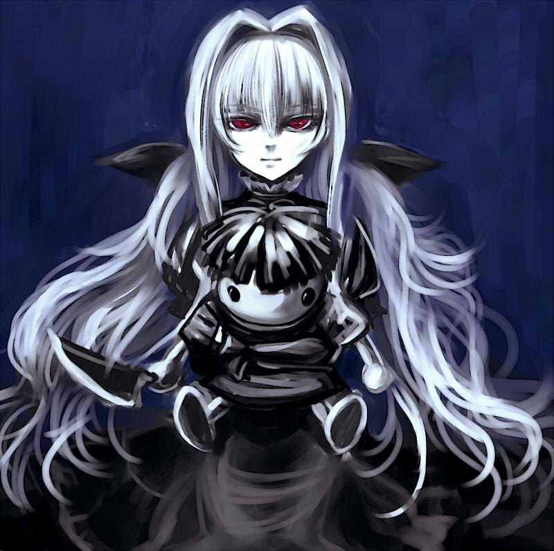 1girl, blue_background, boogie, doll, dress, karin, knife, konowa