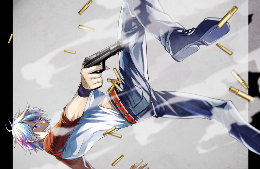 1boy, belt, blue_eyes, bullet, etsusa_bridge, grin, gun, inui_hayato