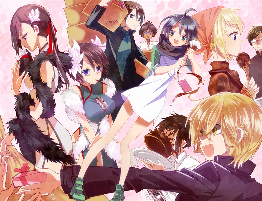 ahoge, black_hair, blonde_hair, blue_eyes, box, brown_hair, charlotte_liverpool, china_dress