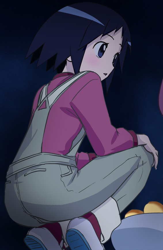 1girl, black_hair, blue_eyes, blush, haruyama_kazunori, kuromajo-san_ga_tooru!!, kurotori_chiyoko, short_hair