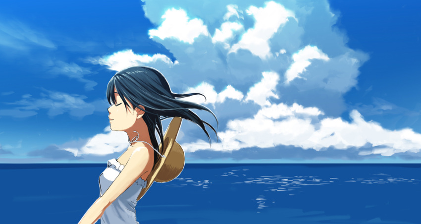 1girl, blue_sky, closed_eyes, clouds, dress, hat, hat_removed, headwear_removed, horizon, long_hair, ocean, original, setsuo_(chohonsoku), sky, strapless_dress, sun_hat, sundress, white_dress, wind_lift