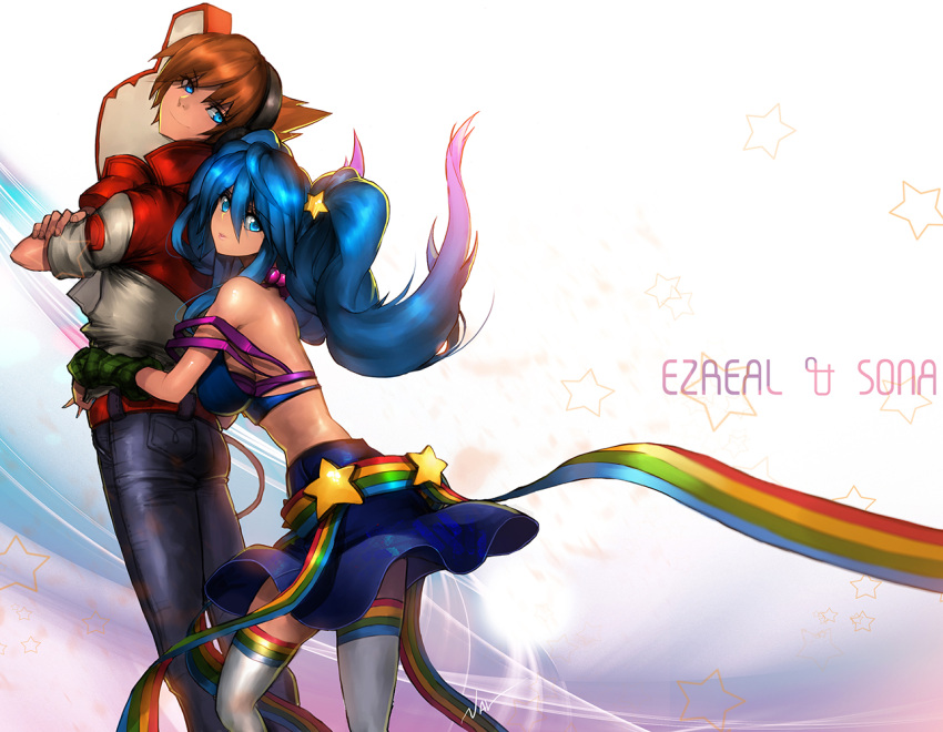 1boy, 1girl, bare_shoulders, blue_hair, ezreal, foam_finger, hug, hug_from_behind