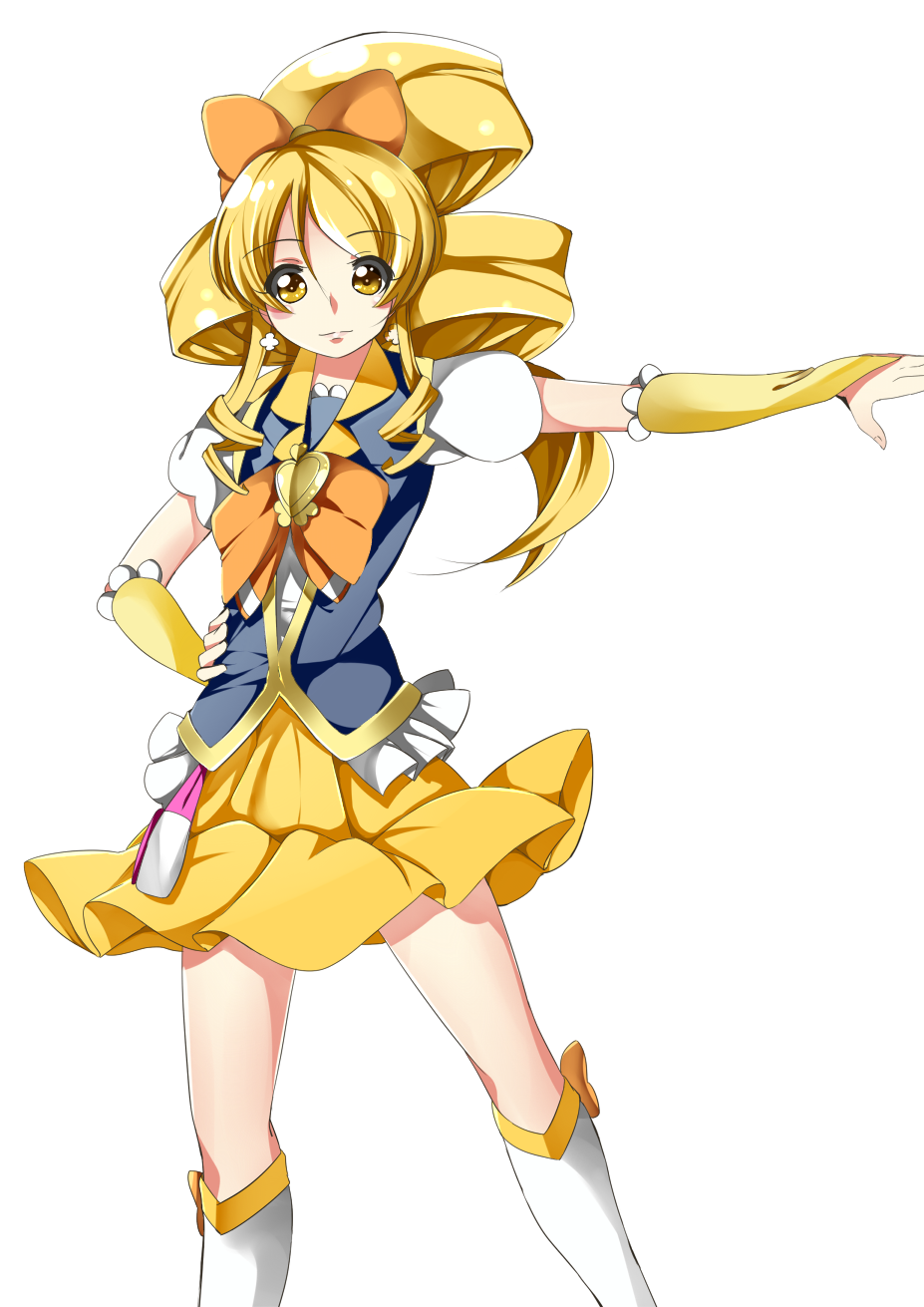 1girl, blonde_hair, boots, bow, bowtie, brooch, cure_honey, earrings