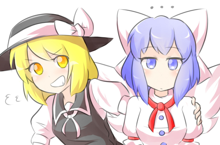 ..., 2girls, blonde_hair, blue_eyes, blush, bow, grin, hat