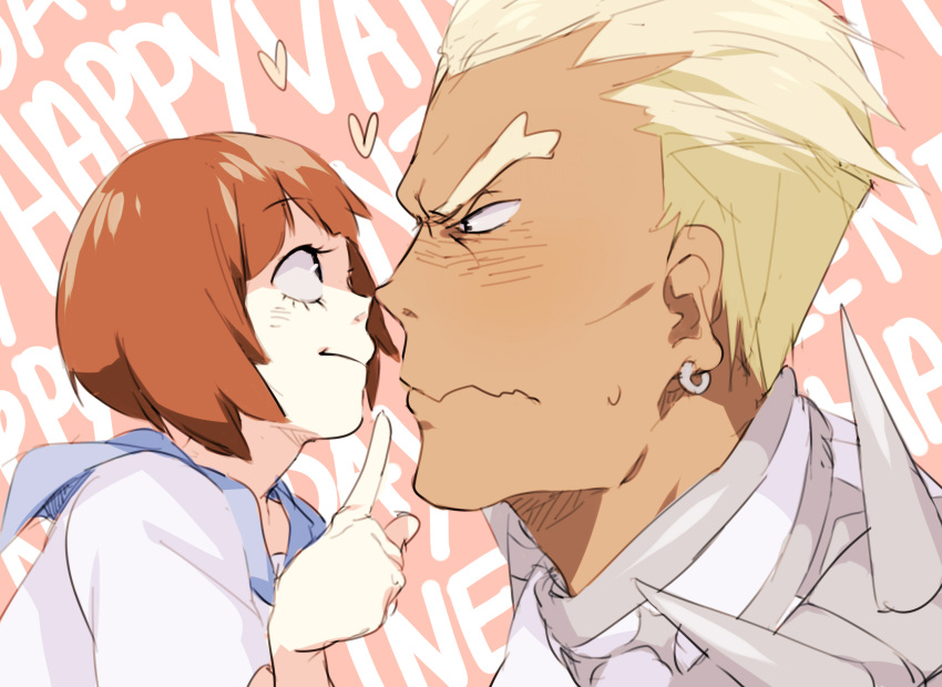 1boy, 1girl, blonde_hair, blush, brown_hair, dark_skin, gamagoori_ira, heart