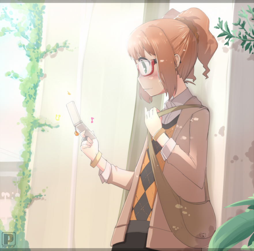 argyle, bag, bespectacled, blush, bracelet, brown_hair, cellphone, college_of_angel_(idolmaster)