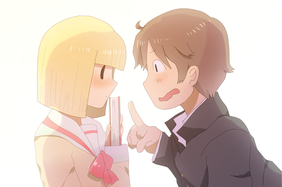 1boy, 1girl, ahoge, artist_request, black_eyes, blonde_hair, blush, book