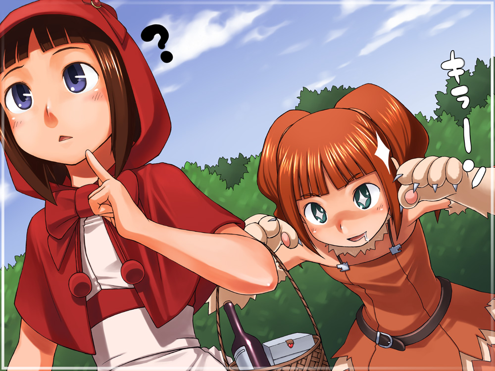 +_+, 2girls, ?, amami_haruka, bare_shoulders, basket, big_bad_wolf, big_bad_wolf_(cosplay)