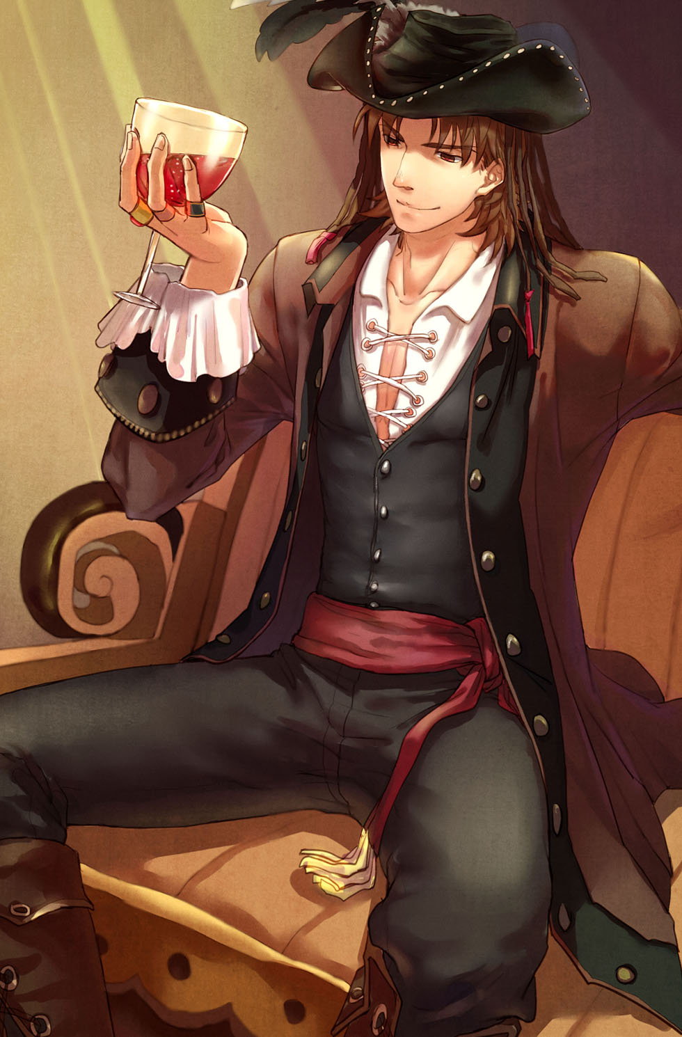 1boy, alcohol, brown_eyes, brown_hair, cup, fate/stay_night, fate_(series), hat, highres, jewelry, kotomine_kirei, mihoutao, pirate, ring, sitting, solo, tricorne, wine, wine_glass
