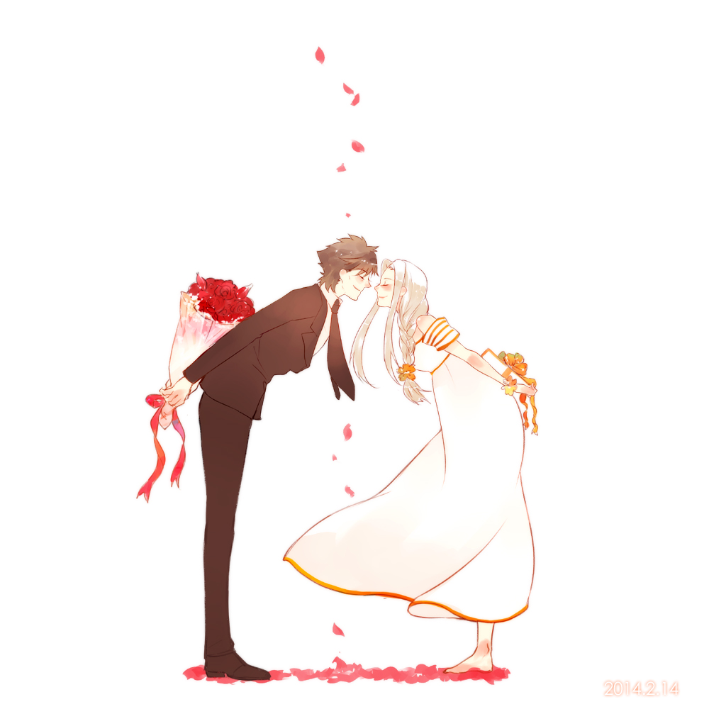 1boy, 1girl, amore1989, black_hair, couple, dress, emiya_kiritsugu, fate/zero, fate_(series), hetero, husband_and_wife, irisviel_von_einzbern, long_hair, valentine, white_hair