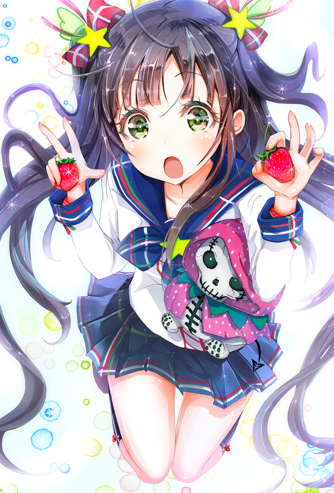 1girl, black_hair, bow, food, fruit, green_eyes, hair_bow, hair_ornament