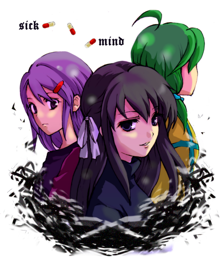3girls, ahoge, black_hair, copyright_name, expressionless, green_hair, hair_ribbon, highres