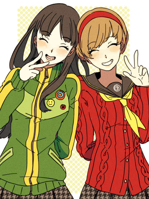 2girls, ^_^, ai-wa, amagi_yukiko, black_hair, bowtie, brown_hair, cardigan