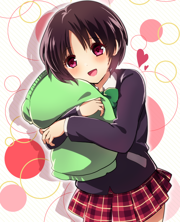 1girl, black_hair, chuunibyou_demo_koi_ga_shitai!, pillow, pillow_hug, red_eyes, school_uniform, short_hair