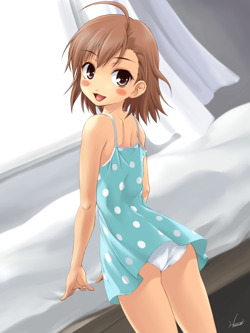 1girl, ahoge, ass, bed, blush_stickers, brown_eyes, brown_hair, dress, dutch_angle, highres, kagehara_hanzou, last_order, panties, polka_dot, polka_dot_dress, short_hair, smile, solo, to_aru_majutsu_no_index, underwear