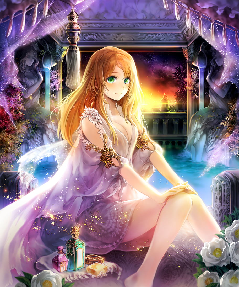 blonde_hair, bottle, breasts, cleavage, curtains, flower, fountain, green_eyes, hakou_(barasensou), original, poolside, robe, statue, sunset