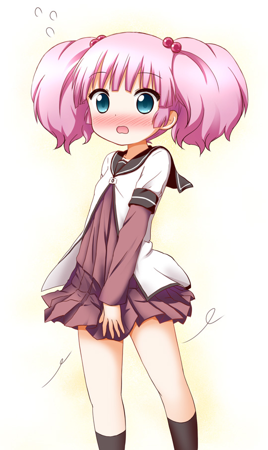1girl, aoba_(kona), flying_sweatdrops, hair_bobbles, hair_ornament, pink_hair, school_uniform, simple_background