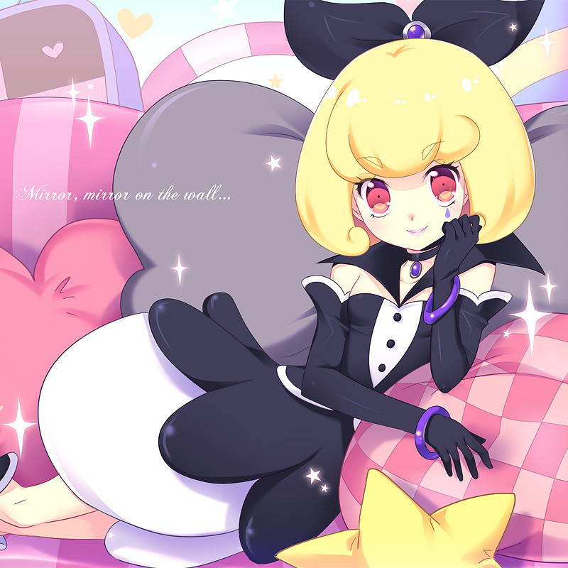 1girl, arm_warmers, bare_shoulders, black_dress, black_gloves, blonde_hair, boots, choker