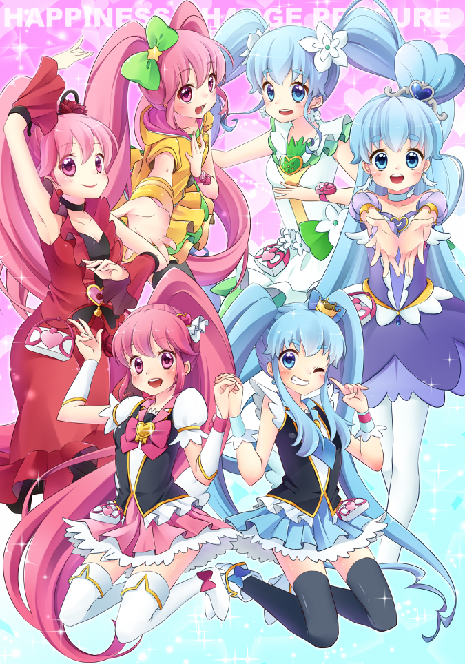 6+girls, aino_megumi, alternate_form, arm_up, armpits, black_legwear, blue_background, blue_eyes, blue_hair, blue_skirt, boots, bow, bowtie, brooch, cherry_flamenco, copyright_name, crown, cure_lovely, cure_princess, detached_sleeves, dress, flower, hair_bow, hair_bun, hair_flower, hair_ornament, happinesscharge_precure!, heart_hair_ornament, holding_hands, jewelry, kneeling, kuune_rin, lollipop_hip_hop, long_hair, macadamia_hula_dance, magical_girl, mini_crown, multiple_girls, multiple_persona, necktie, outstretched_hand, payot, pink_background, pink_eyes, pink_hair, pink_skirt, ponytail, precure, red_dress, red_rose, rose, sherbet_ballet, shirayuki_hime, shoes, skirt, smile, thigh_boots, thighhighs, twintails, white_legwear, wrist_cuffs, yellow_skirt