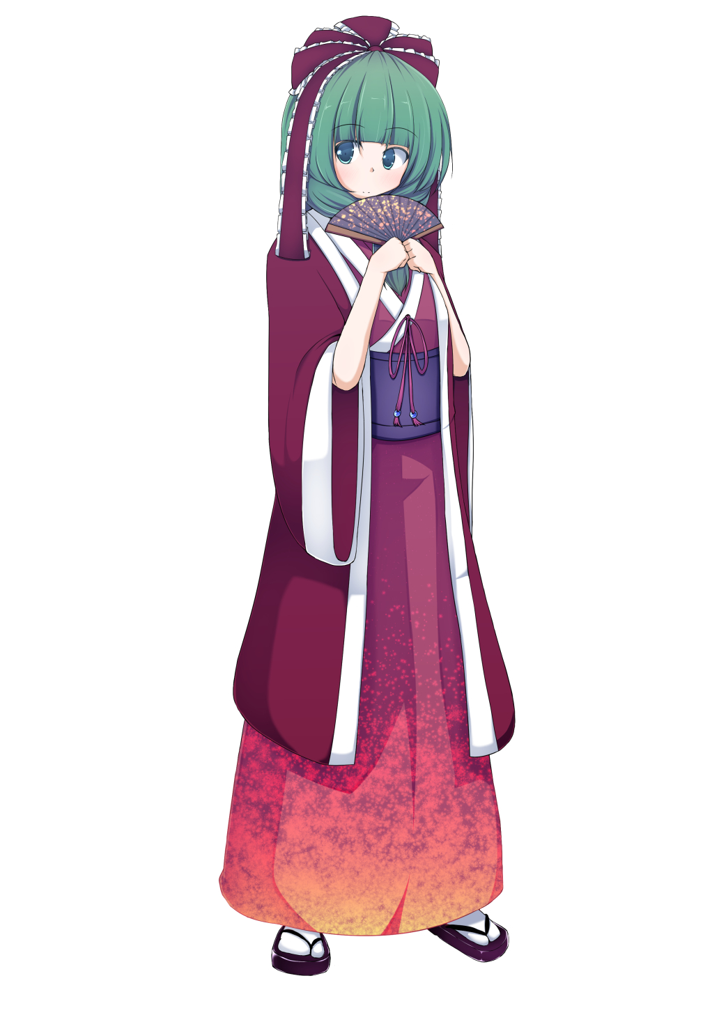 1girl, bow, fan, folding_fan, front_ponytail, green_eyes, green_hair, hair_bow