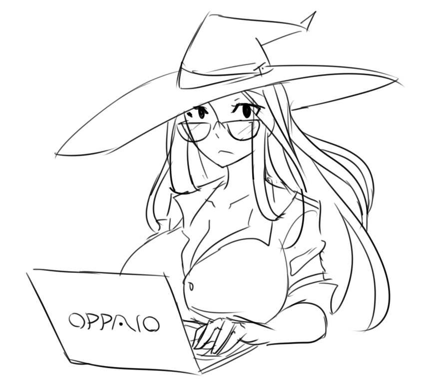 1girl, :<, bespectacled, brand_name_imitation, breasts, cleavage, computer, dragon's_crown