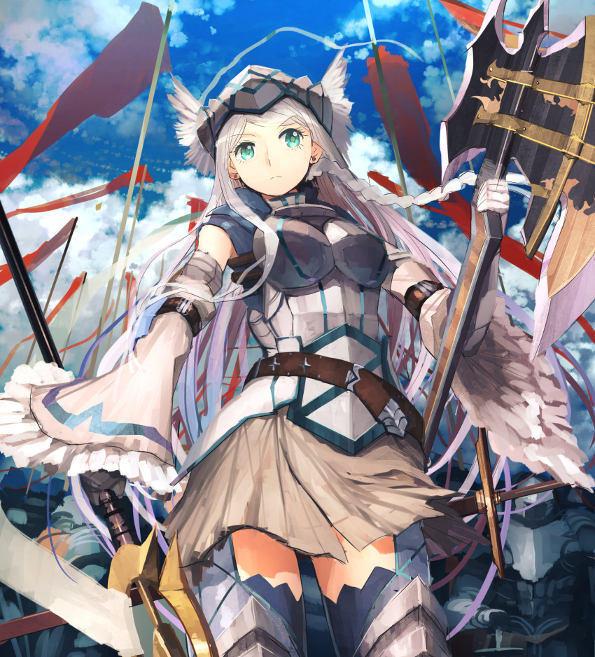 1girl, armor, axe, banner, blue_eyes, gauntlets, gloves, helmet, highres, jumpei99, log_horizon, long_hair, reinesia_el_arte_cowen, silver_hair, thighhighs, weapon, winged_helmet