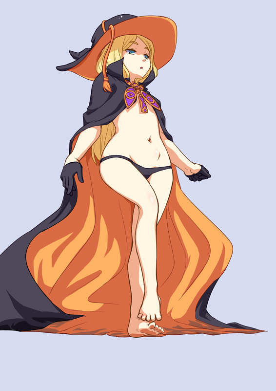 1girl, bare_legs, barefoot, black_gloves, black_panties, blonde_hair, blue_eyes, cloak, from_below, gloves, grey_background, half_gloves, hat, kagelantern, long_hair, lowleg, lowleg_panties, natasha_(sekai_seifuku), navel, no_mask, panties, professor_um, sekai_seifuku:_bouryaku_no_zvezda, solo, underwear