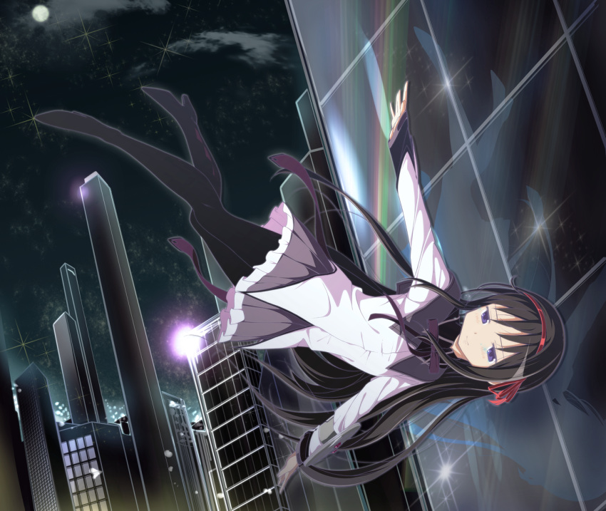 1girl, akemi_homura, amage_kanade, black_hair, black_legwear, building, city, clouds