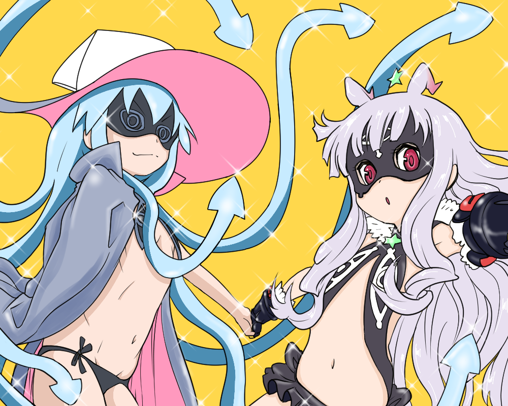 2girls, antenna_hair, bangs, bare_shoulders, black_panties, blue_hair, blunt_bangs, cloak
