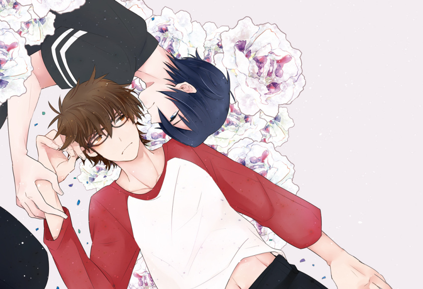 2boys, ace_of_diamond, blue_eyes, blue_hair, blush, brown_hair, flower, furuya_satoru, glasses, male, midriff, miyuki_kazuya, multiple_boys, navel, raglan_sleeves, yaoi