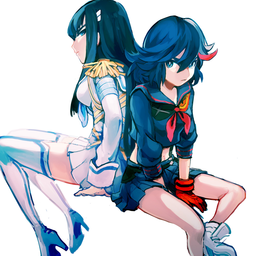 2girls, back-to-back, black_hair, blue_eyes, boots, dress, epaulettes, hair_ornament